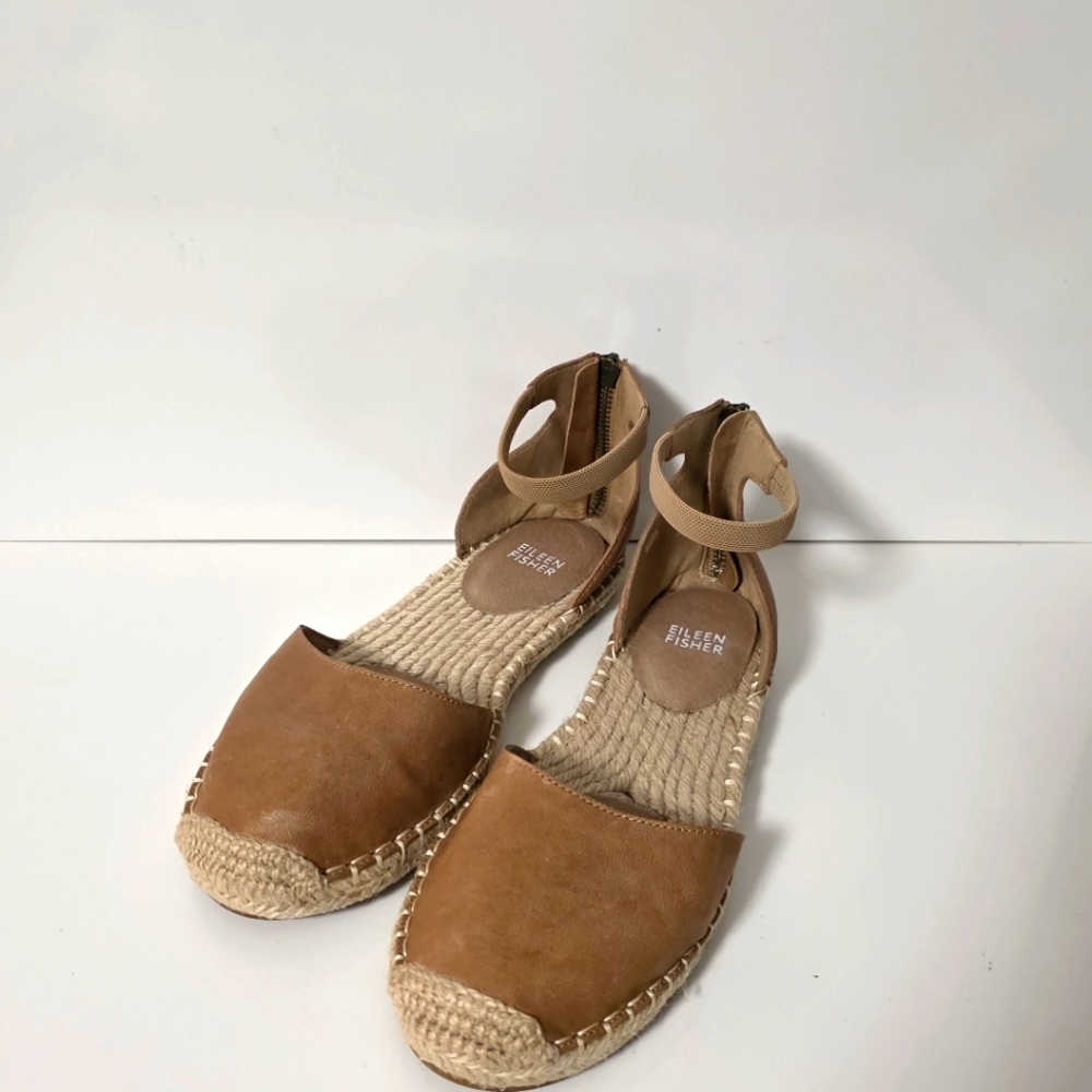 Eileen Fisher LALA Women Tan Soft Leather Strap Espadrille Flat Zip Back 7.5
